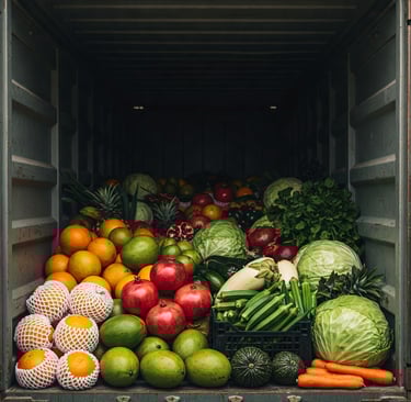"Container filled with Indian vegetables and fruits"