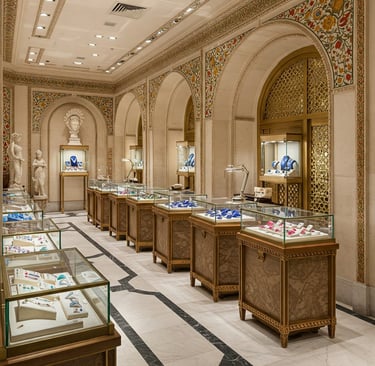 "Indian gemstone shop with multiple display counters"