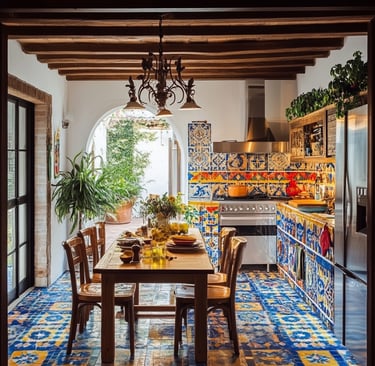 Cocina con azulejos de color español, una mesa en el medio con 4 sillas.