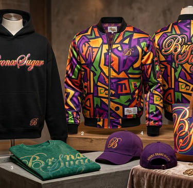 Bronx Sugar streetwear collection featuring a black hoodie, colorful patterned bomber jacket, and purple baseball cap.