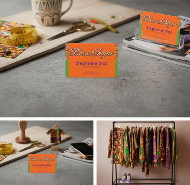 Custom fashion designer business cards displayed with sewing tools and colorful african apparel.