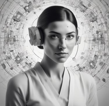 A pair of sleek, modern augmented reality glasses with large round lenses and multiple small cameras on the frame, placed on a wooden table. The design is minimalistic and high-tech, with a focus on functionality and innovation.