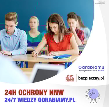 klasa szkolna z dziecmi i napis odraciamy pomagamy w nauce razem . generali bezpieczny.pl