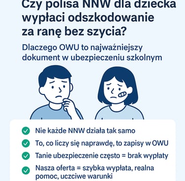Infografika w języku polskim przedstawiająca pytanie: „Czy polisa NNW dla dziecka wypłaci odszkodowa