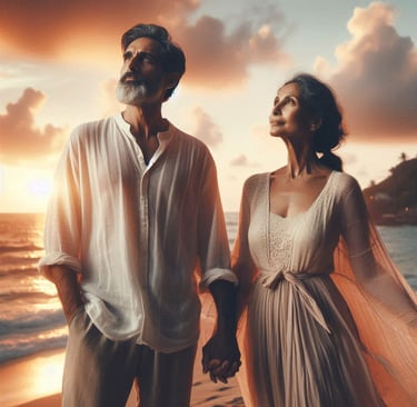 Casal maduro feliz de mãos dadas na praia ao pôr do sol. Imagem ilustrativa blog Solução de Adultos