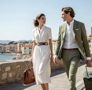 a man and woman walking down a sidewalk wearing old money style outfits