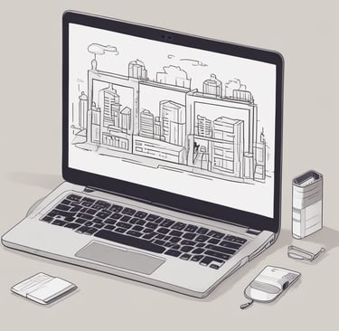 A laptop displaying the words 'Building Websites' rests on a small wooden table with black and white legs. Next to the laptop is a black mug placed on a coaster. The setting includes a brown leather sofa in the background and a patterned carpeted floor.