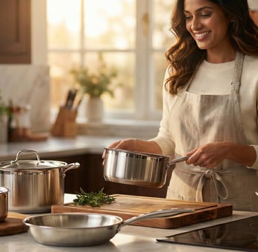 a woman in a white apron is smiling and holding a potted potted with