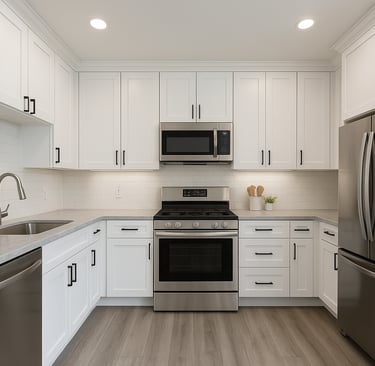 Modern L-shaped kitchen with white shaker cabinets, subway tile backsplash, stainless steel applianc