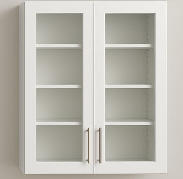 a clear glass insert option white cabinet with two open shelves and a door
