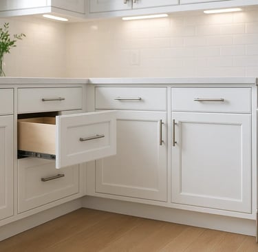 Classic white Shaker cabinets, soft-close