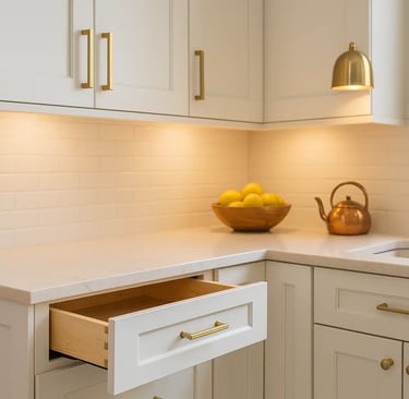 Warm white Shaker cabinets, durable finish