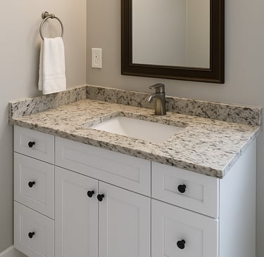compact white vanity, euro-style with marble countertop and a mirror