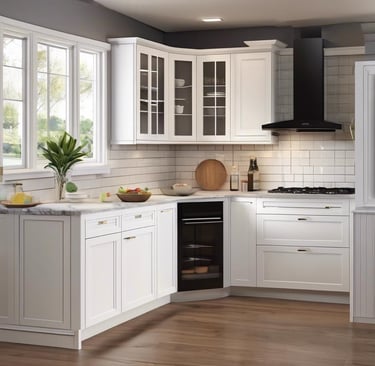 Bright corner kitchen with white shaker cabinets, glass front uppers, marble-style countertops, and 