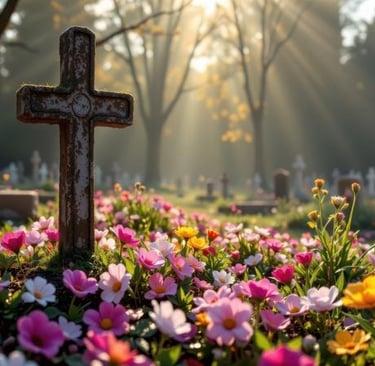 Sunlight streaming over a rustic stone cross and colorful spring flowers in a peaceful cemetery.