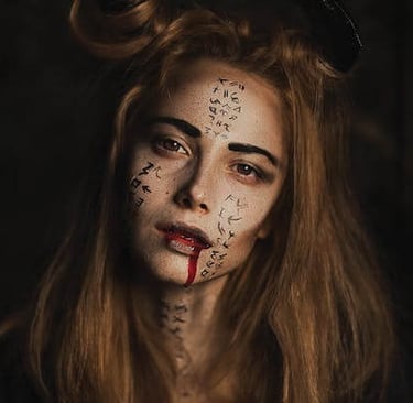 a woman with a bloody face and a bloody face