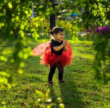 a little girl dressed in a ladybug costume