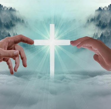 two hands reaching for a cross on a cross