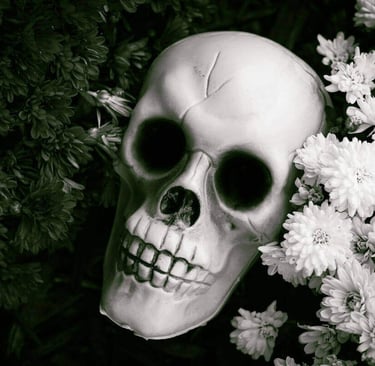 A skull head with a skull face mask