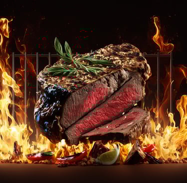 Grilled beef fillet steaks with herbs and spices on dark background. 