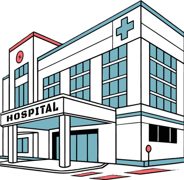 Modern hospital building with entrance canopy and cross symbol silhouette 