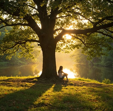 Un sereno paisaje natural durante la hora dorada, con una persona sentada bajo un árbol