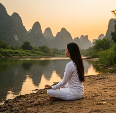 a woman sitting on a beach with a mountain in the background