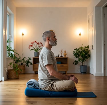 Hombre meditando en casa