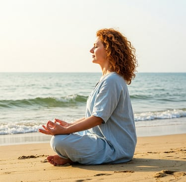 Mujer meditando en la playa.