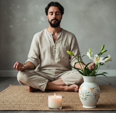 Hombre meditando con vela 