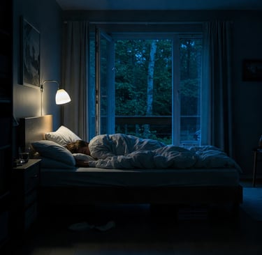 Un dormitorio sereno por la noche, con una persona durmiendo plácidamente