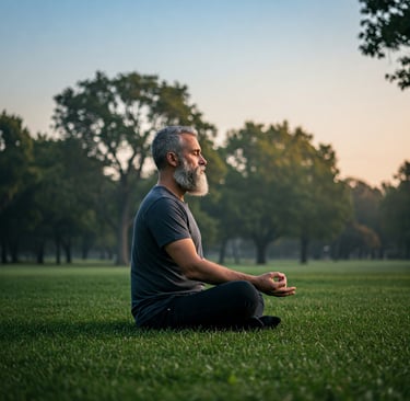 Una persona sentada en posición de meditación en un parque al amanecer, respirando profundamente, 