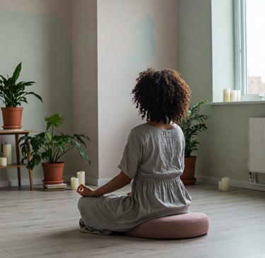 Mujer meditando sentada en un cojin 