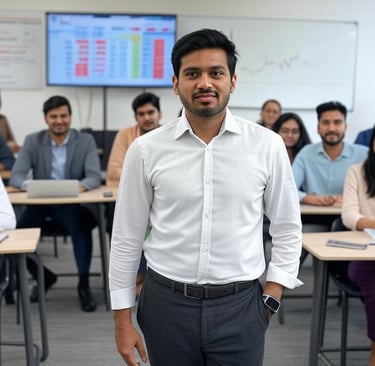 a man standing in front of a classroom with a group of students