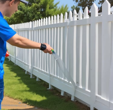 Vinyl fence being soft washed by a Blu Washing Services employee.