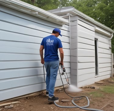 A person wearing a hat and face covering is cleaning the windshield of a red Honda car parked in front of a building with an orange tiled roof and cream-colored doors.