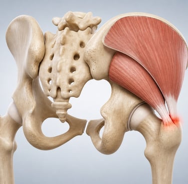 Representação anatômica do glúteo médio e mínimo com inflamação na lateral do quadril