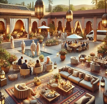 people in a decorated riad in Marrakech for a wedding