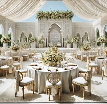 A Moroccan wedding ceremony setup with a white theme. Tables are adorned with white tablecloths