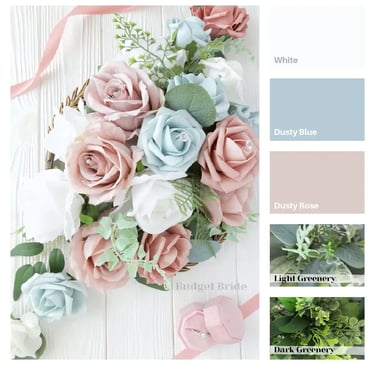 a bouquet of flowers and greenery in a color palette