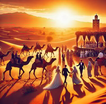 bride and groom in the desert with people riding camels