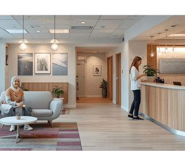 2 people in a warm reception and waiting room