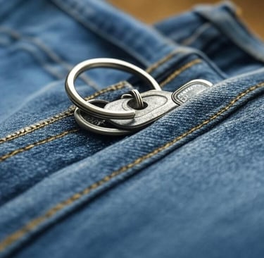 Blue jeans with a key ring going onto the button