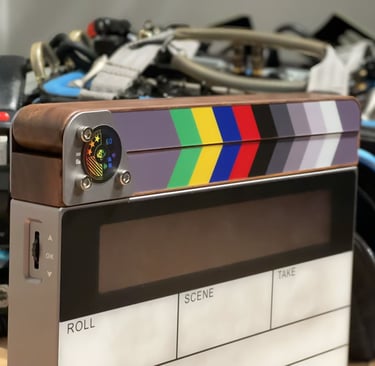 a film clapper board with a camera and a camera