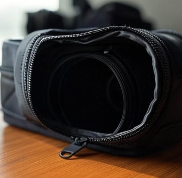 Broken zipper on a camera lens and a camera bag