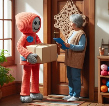 a woman in a knitted sweater and a knitted robot