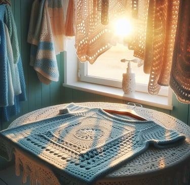 Una prenda de crochet sobre una mesa de crochet, en una habitación tejida de crochet secando placida