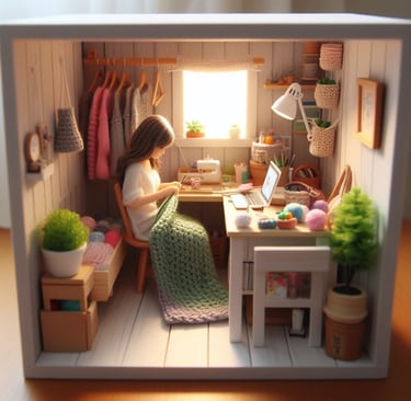 a woman sitting at a desk with a laptop knit crochet