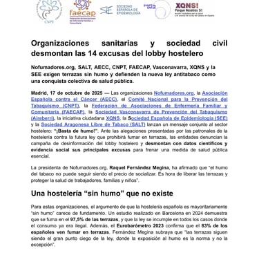 Organizaciones sanitarias y sociedad civil  desmontan las 14 excusas del lobby hostelero 