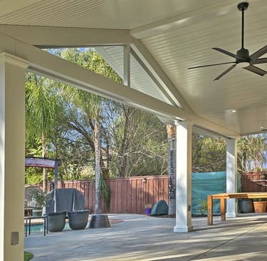 Alumawood shade structure with gable roof line in Menifee, CA designed by SAE Builders.